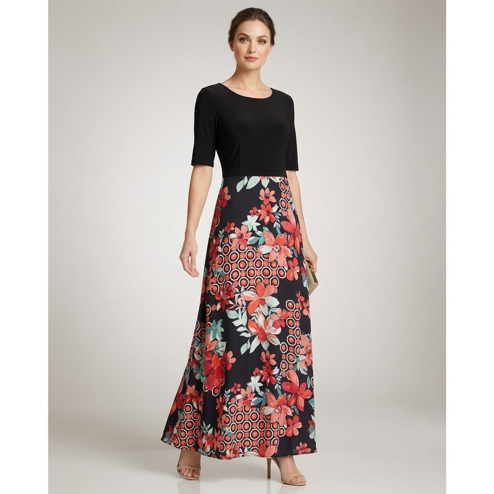 R&K Originals Dress sz 14 Black & Redβ Floral Maxi stretchy garden party flowy